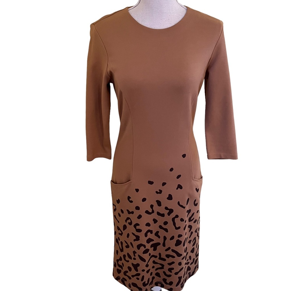 J. McLaughlin Tan/Brown Animal Print "Catalyst" 3/4 Sleeve Knit Sheath Dress